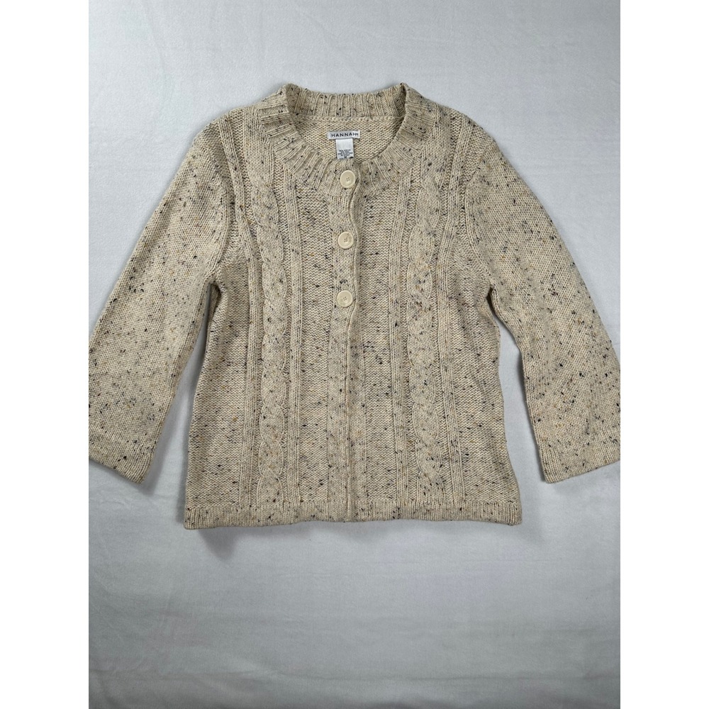 Hannah Womens Medium Cardigan Sweater Knit 3/4 Sleeve Button Front Neutral